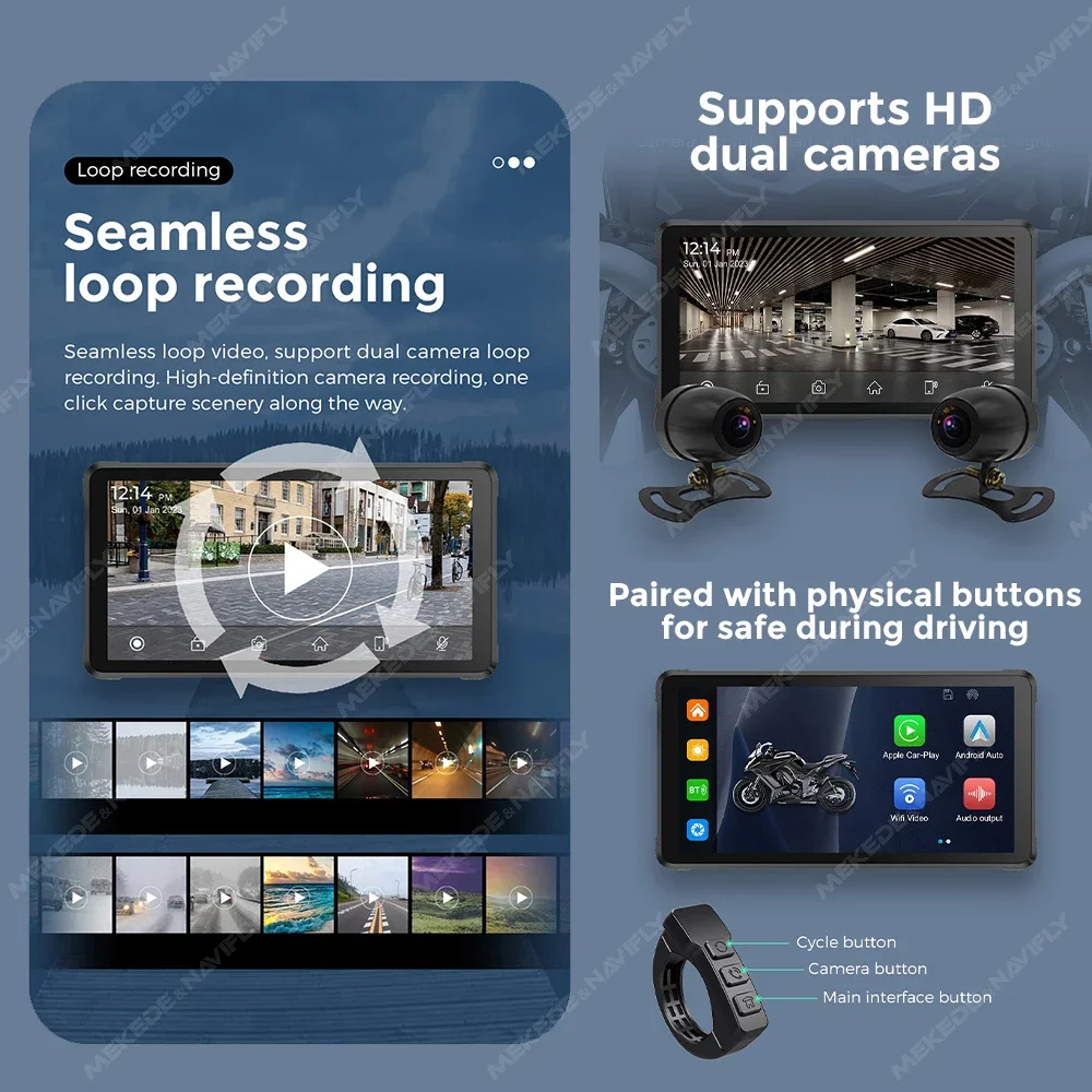 무선 카플레이 안드로이드 자동 휴대용 오토바이 모니터, IPX7 방수, 5.5 인치 LCD 디스플레이, 내비게이션 대시 캠, GPS