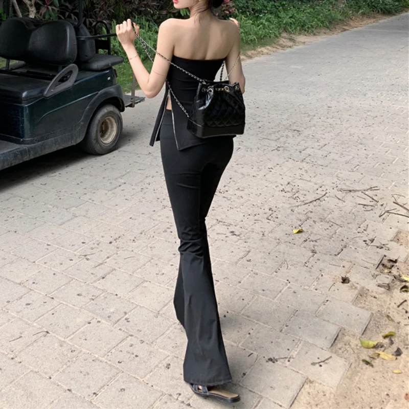 2024 Summer New Off-shoulder Sexy Slim Zipper Tank Tops Women + High Waist Solid Color Casual Wide Leg Pants Two-piece Suit