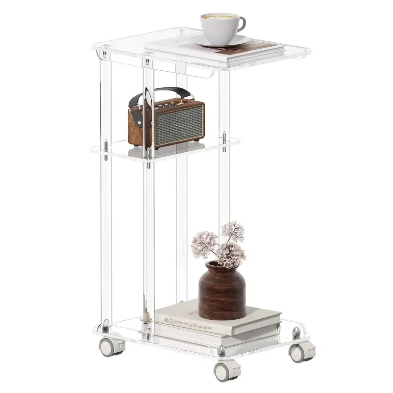 

light luxury acrylic, tea table three layers edge few, mobile with wheels, living room transparent Nordic, sofa corner few