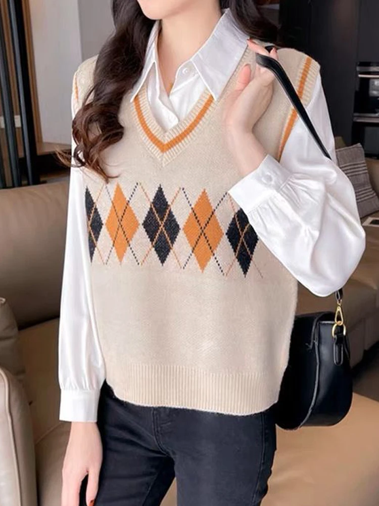 

Argyle Knitted Vest Women Autumn Vintage Sweater Ladies Korean Fashion Casual Loose Jumper Female Preppy Style Aesthetic Vests