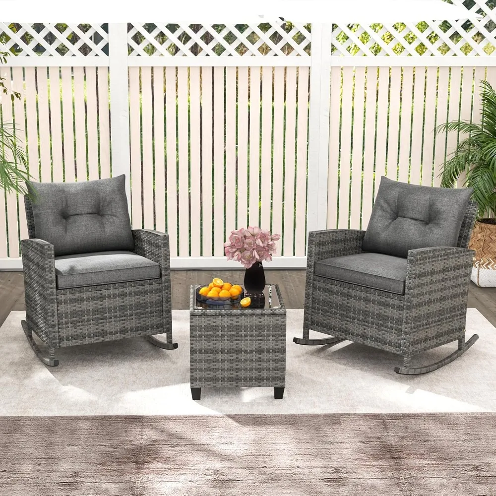 

3 Pieces Patio Wicker Rocker Set, Outdoor Furniture Rocking Chairs with Soft Cushions, Glass Coffee Table, Rattan Conversation