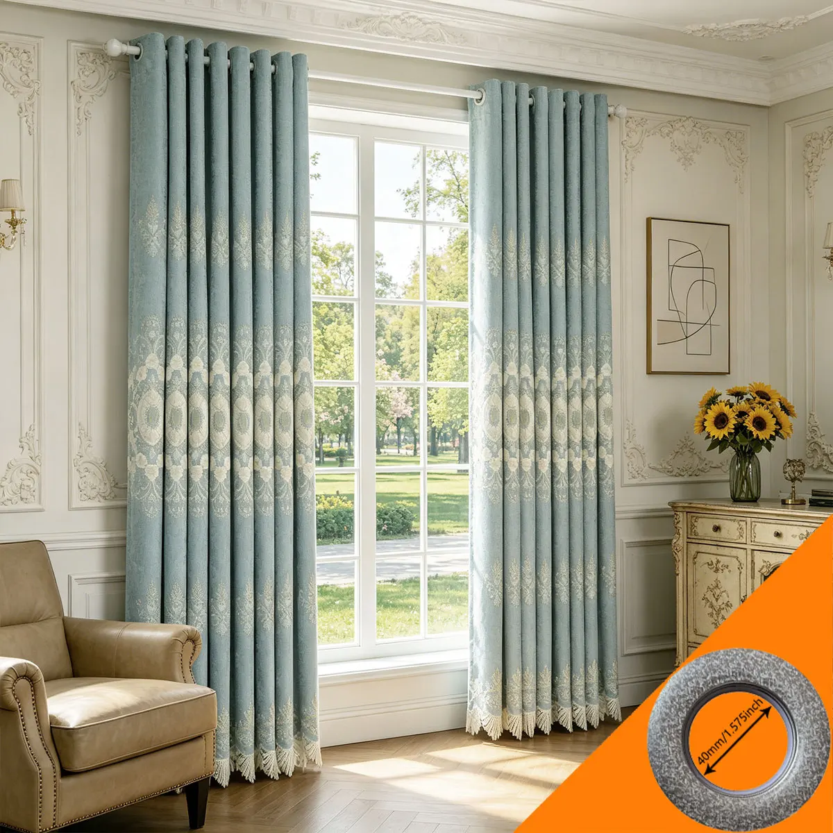 Hellblaue Chenille-Jacquard-Vorhänge, Vintage-Quasten-Bestickte Fenstervorhänge, Wärmeisolierende Schallreduzierende Vorhänge für L