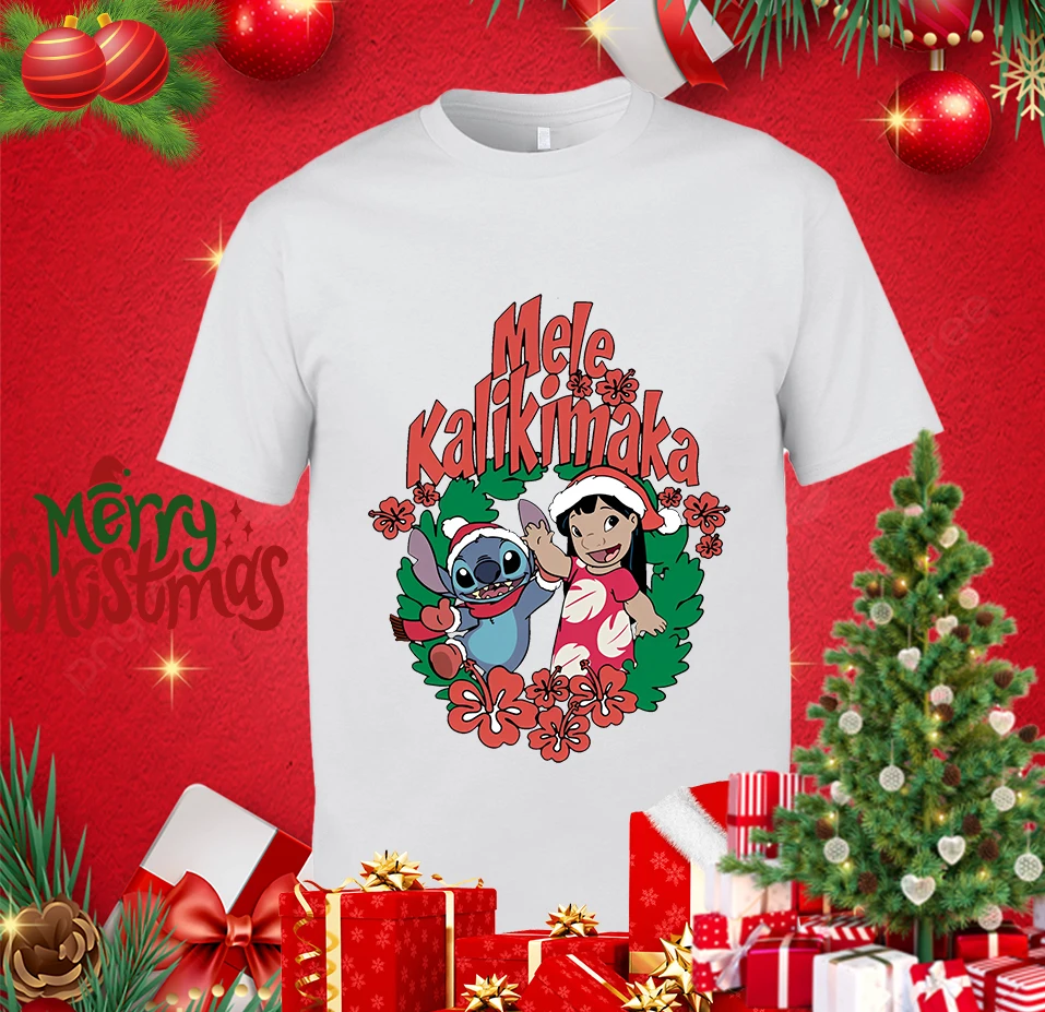 Girl's Lilo & Stitch Mele Kalikimaka Christmas Print Men's T-shirt Cotton Short Sleeve Casual Top