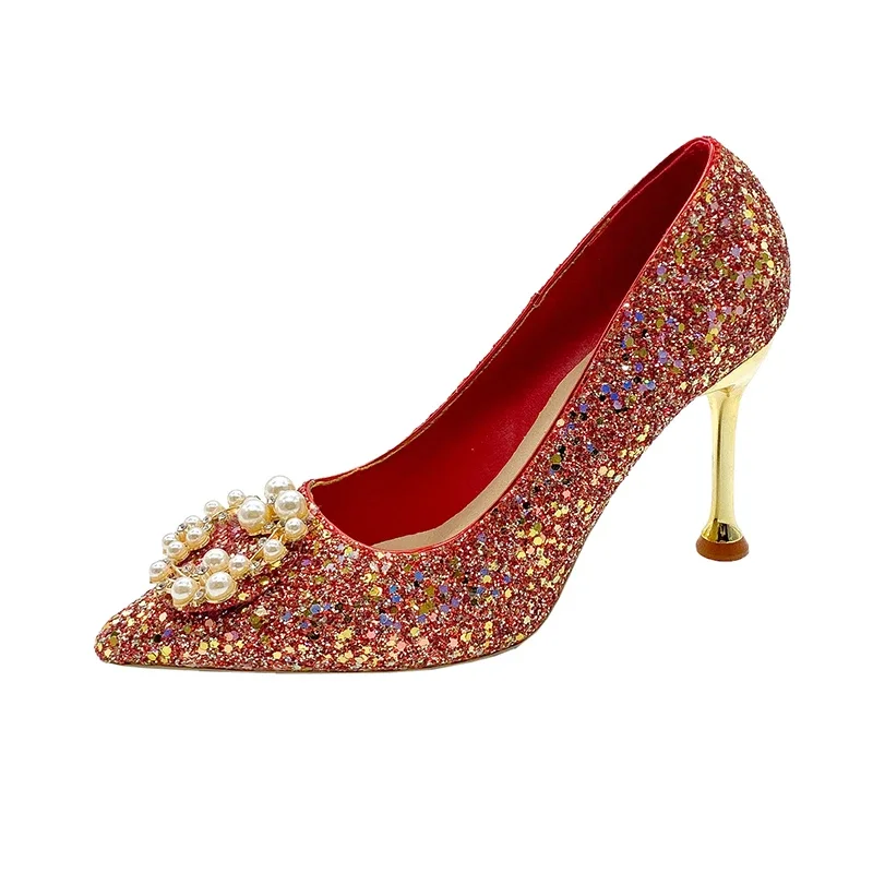 Sapatos de casamento da moda, vestido de lantejoulas de salto grosso vermelho feminino, sapatos femininos de banquete, sapatos únicos femininos pontiagudos de boca rasa