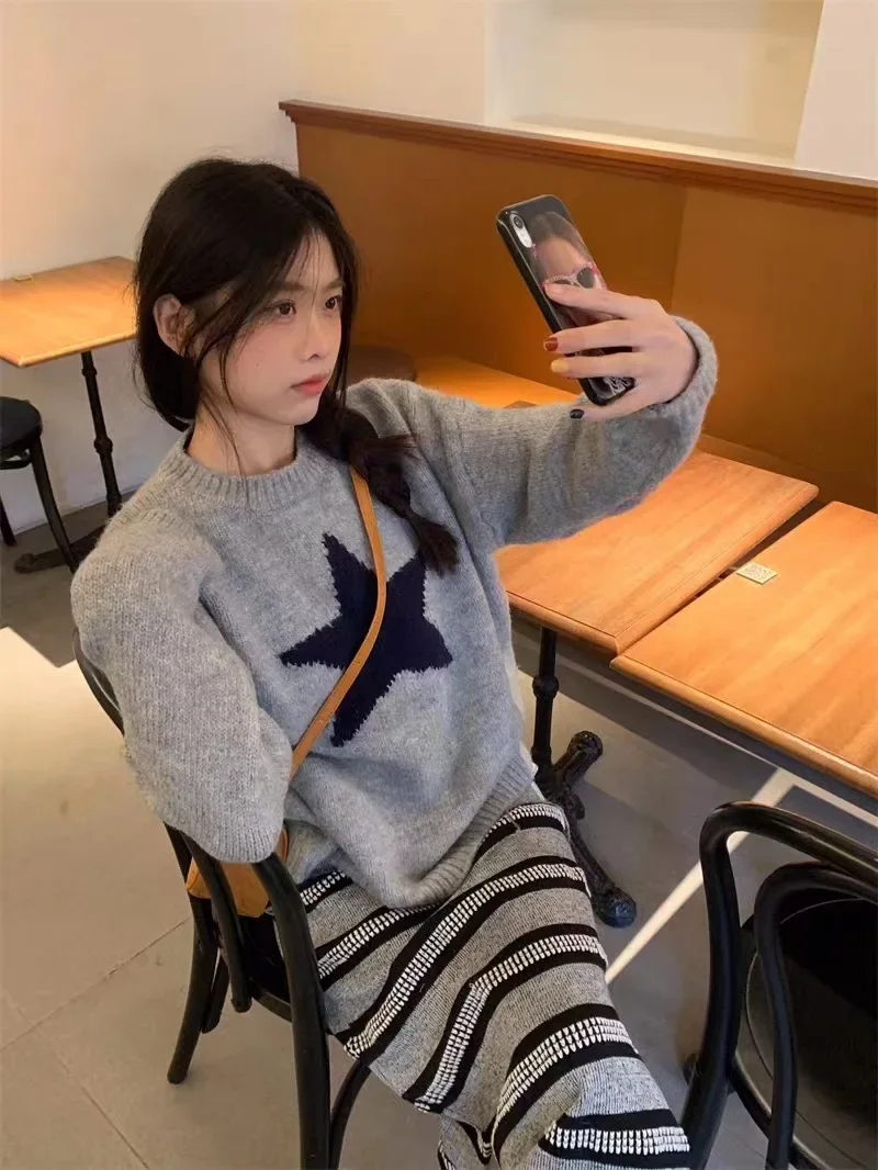 Y2K Aesthetic Star Sweater Gray Knitted Jumper Women Harajuku Vintage Korean Retro Loose Warm Pullover Tops High Street