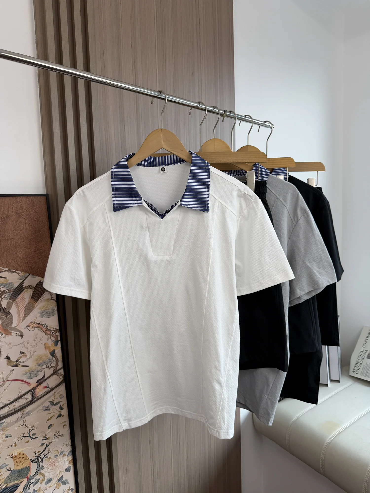 

Clean And Neat Summer Shirt Short Sleeve Striped Color Block Casual Shorts Set for Young Men Fashionable And Stylish