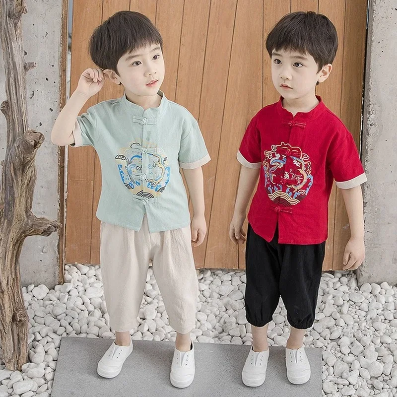 Conjuntos de ropa tradicional china para niños, traje Tang, Tops de algodón para bebés, abrigo, camisas de manga corta, pantalones Hanfu sueltos, 3 colores