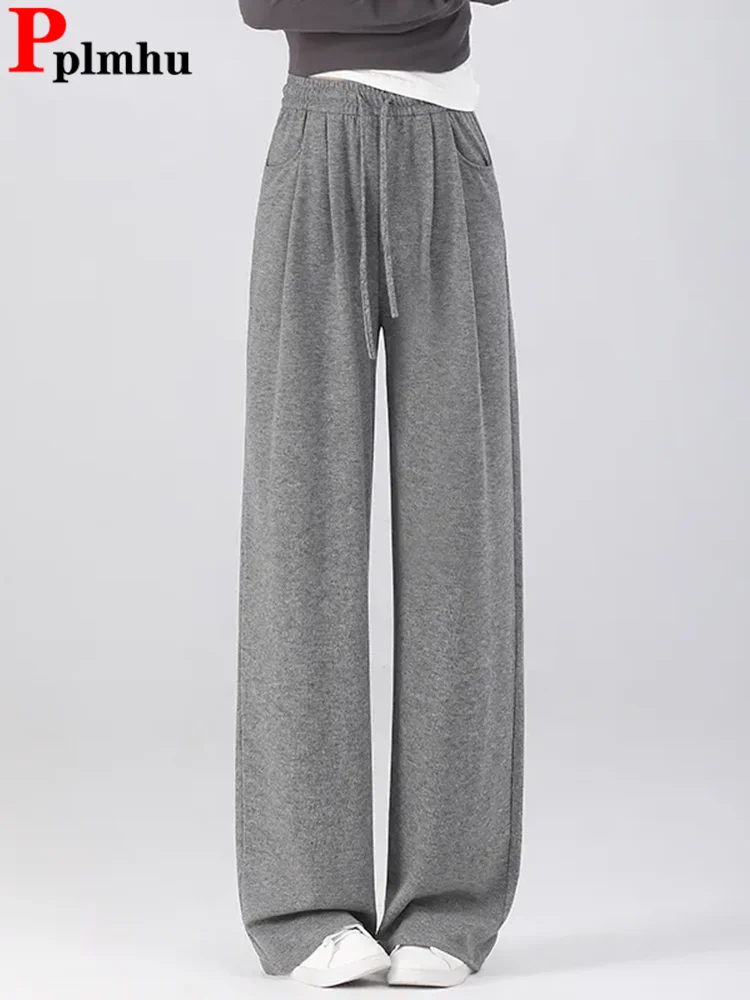 

Korean Loose Elastic High Waist Straight Pants Spring Fall Classic Solid Lace Up Wide Leg Sweatpants Women Casual Pantalones New