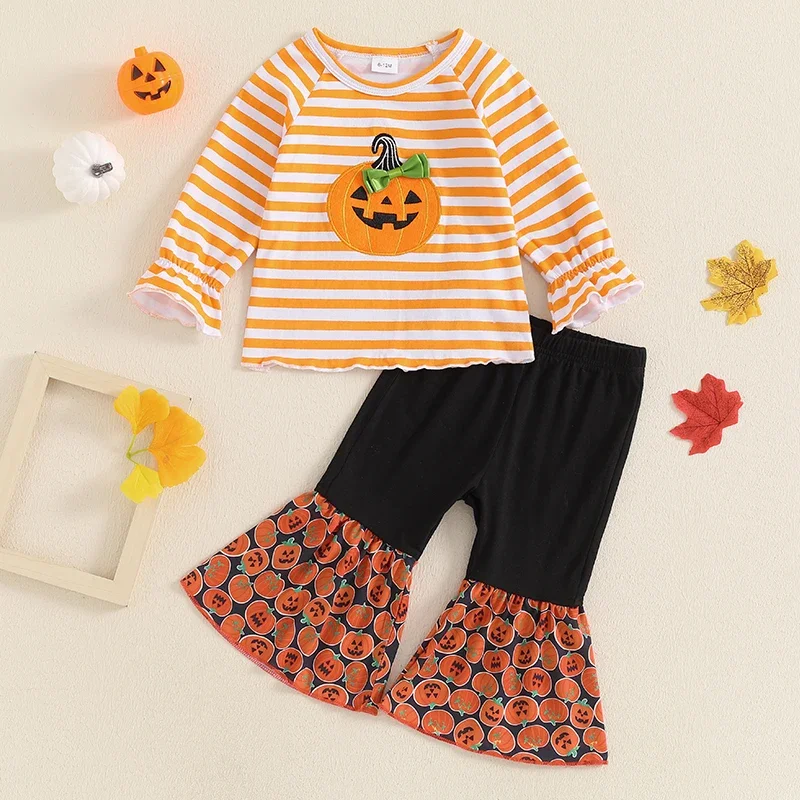 Toddler Girl Halloween 2pcs Outfit Stripe Long Sleeve Crew Neck Tops with Pumpkin Pattern Flare Pants Clothes Set