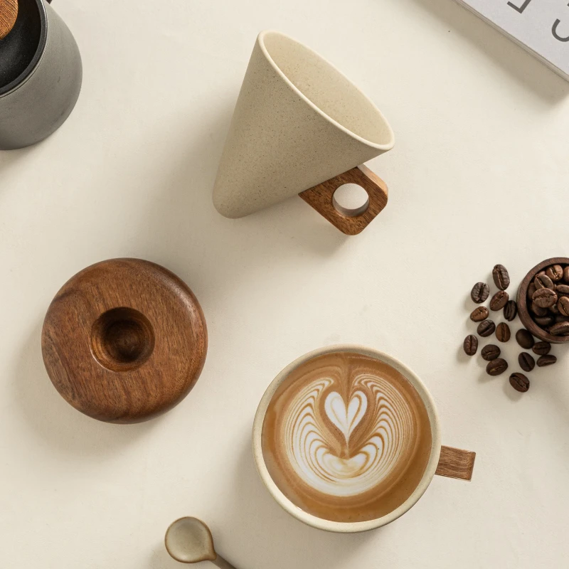 Vintage Matte Ceramic Coffee Cup Set Wooden Handle Saucer Exquisite For Ladies Home Latte Afternoon Tea Decor Gift