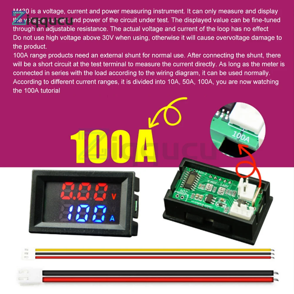 M430 DC 4-30V Digital Voltmeter Ammeter Dual Display Voltage Detector Current Meter Panel Amp Volt Gauge 10A 50A 100A
