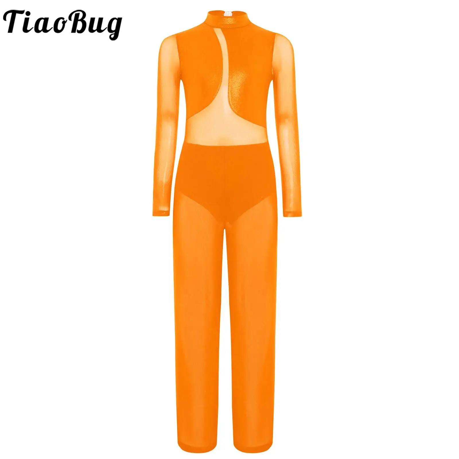 

Kids Girls Ballet Figure Skating Performance Costume Sheer Mesh Patchwork Jumpsuit Long Sleeve Rhythmic Gym Full Body Leotards