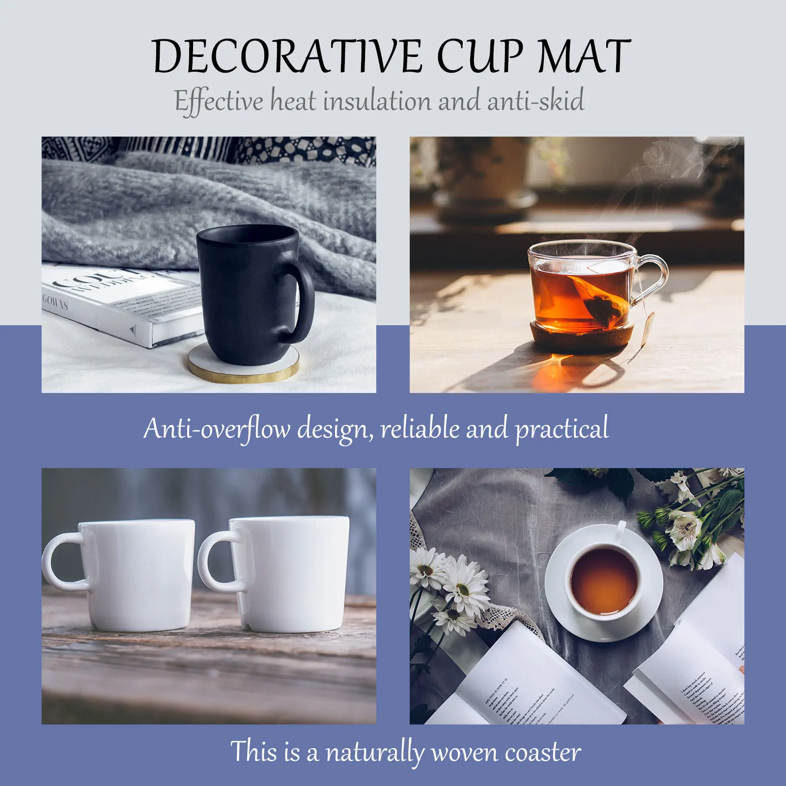 

H Woven Coasters Set Premium Natural Material Cup Mats Anti Skid Heat Insulation Drink Tableware Mat Home Hotel Office Gift