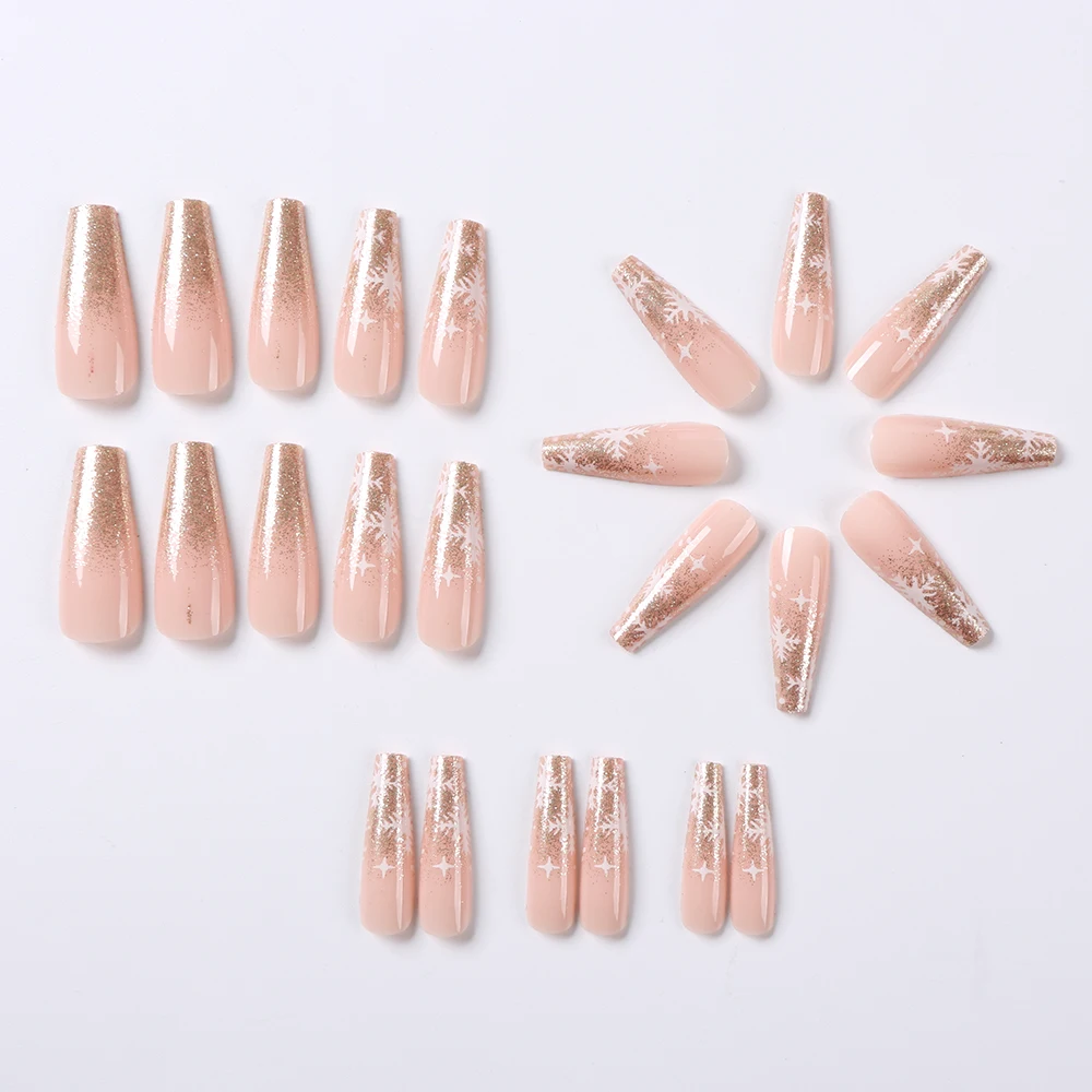 24pcs Gold Glitter Snowflakes Christmas Fake Nails Mid-Long Coffin Press On Nails Winter New Year Women Ballerina Fake Nails Tip