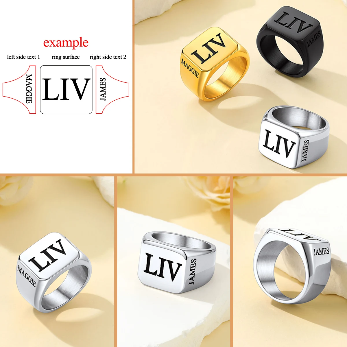 U7 Custom Stainless Steel Round Square Rings for Man Relief Deep Engrave Black White Vector Design Logo Brand Rings Jewelry Gift