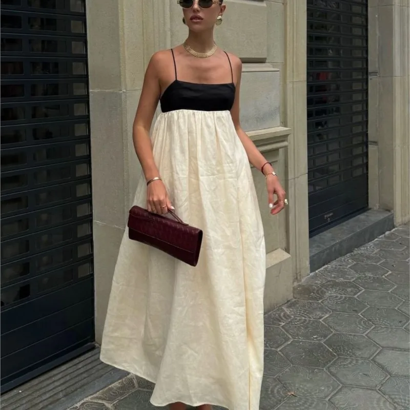 عطلة السباغيتي فستان بحزام فساتين Vestidos 2025 امرأة المرقعة التباين عارية الذراعين سليم حبال مزاجه أنيقة كل مباراة