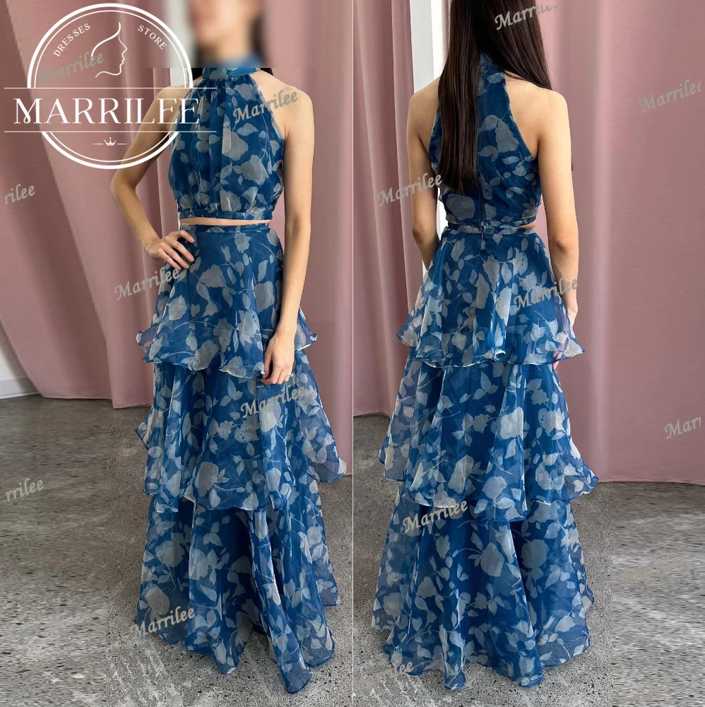 

Marrilee Customized Halter Tiered Contrast Color Sweep Train Floor Length Sleeveless A-Line Ladies Gowns For Special Occasion