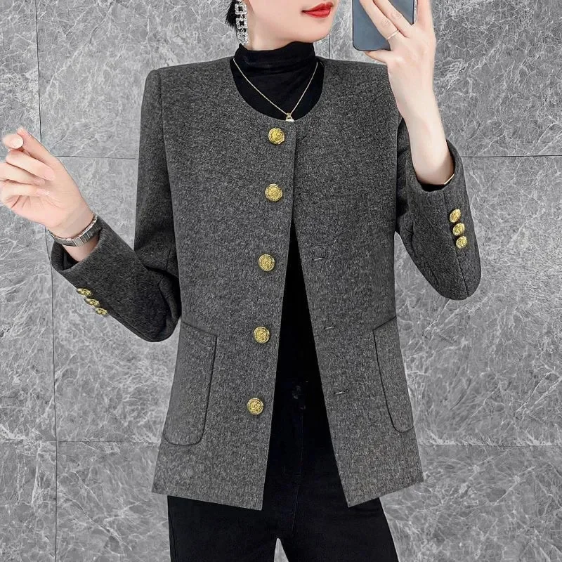 معطف صوفي صغير برائحة الإناث 2025 ربيع الخريف الكورية سترة جديدة المرأة النمط الغربي موضة أبلى الجولة الرقبة ملابس خارجية #1