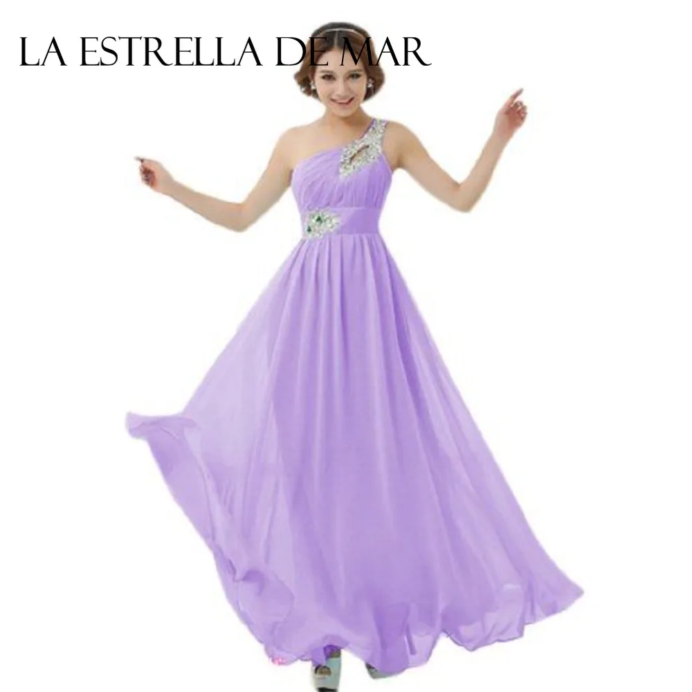 Vestido de Dama de Honor Lila, Vestido de Novia Largo de Chifón con Cristales Checos, de un Solo Hombro, Corte A, Elegante, para Fiesta o Gala, Económico