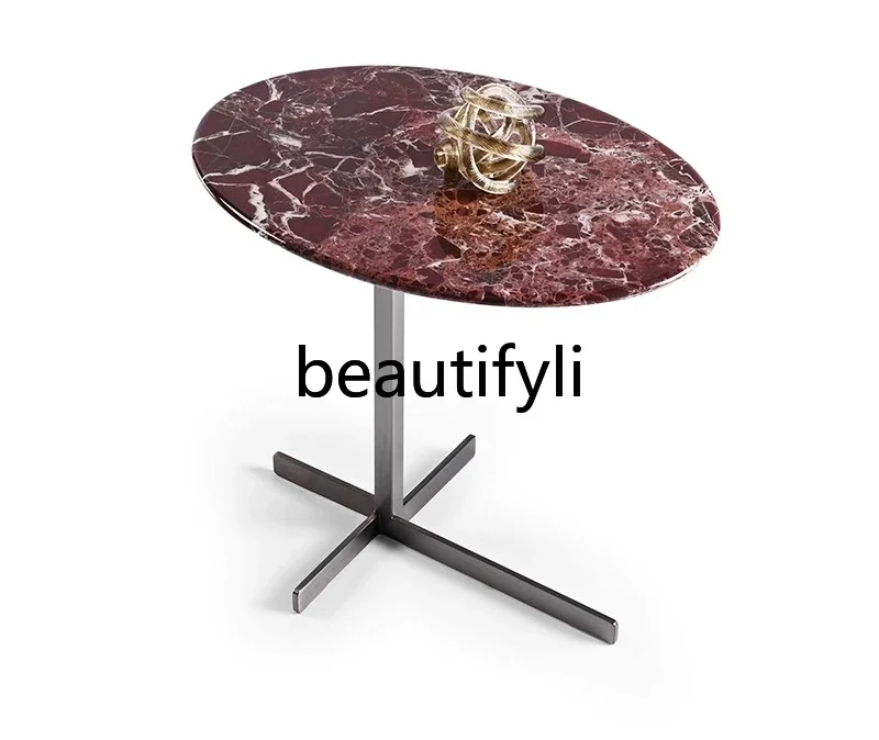 

Italian Style Light Luxury Minimalist/Natural Marble + Stainless Steel/Home Use Sofa Oval Small Side Table