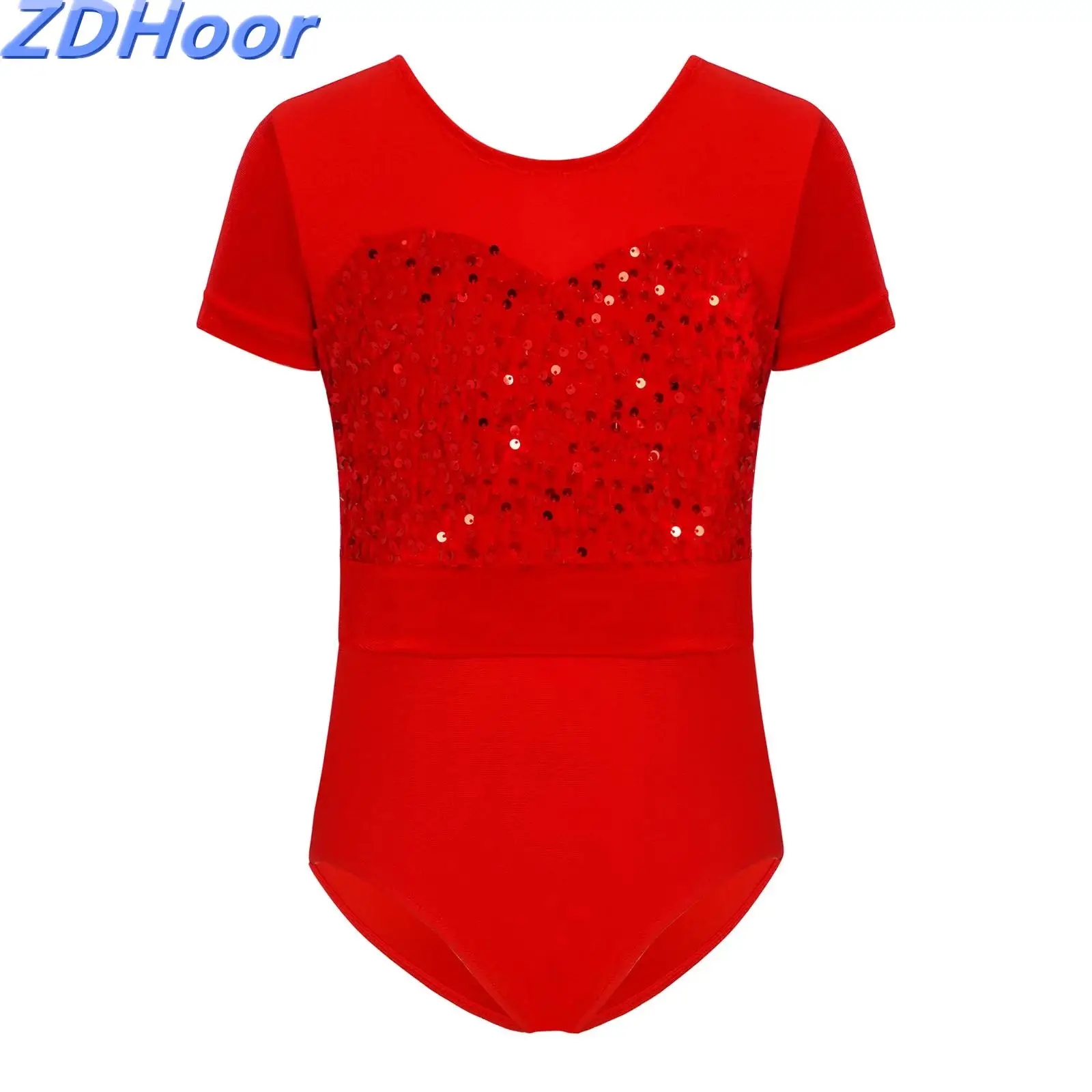 Body de baile de Ballet para niñas, cuello redondo, manga corta, retales de terciopelo, botones de presión, leotardo de lentejuelas brillantes en la entrepierna