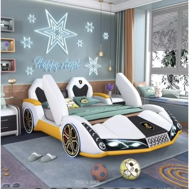 New-style Sports Car-shaped Children's Bed for Boys, 1.2m with Guardrails, Creative Solid Wood Cartoon Single Bed, 1.5m