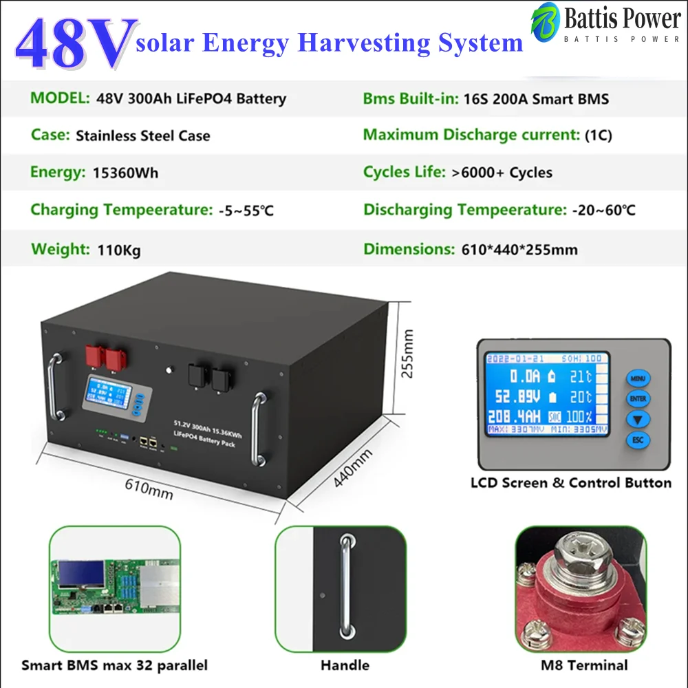 

LiFePO4 48V 300Ah Battery Pack 6000+ Cycles Bluetooth RS485 CAN BMS 51.2V 100Ah 120Ah 150Ah 200Ah 400Ah Lithium Battery