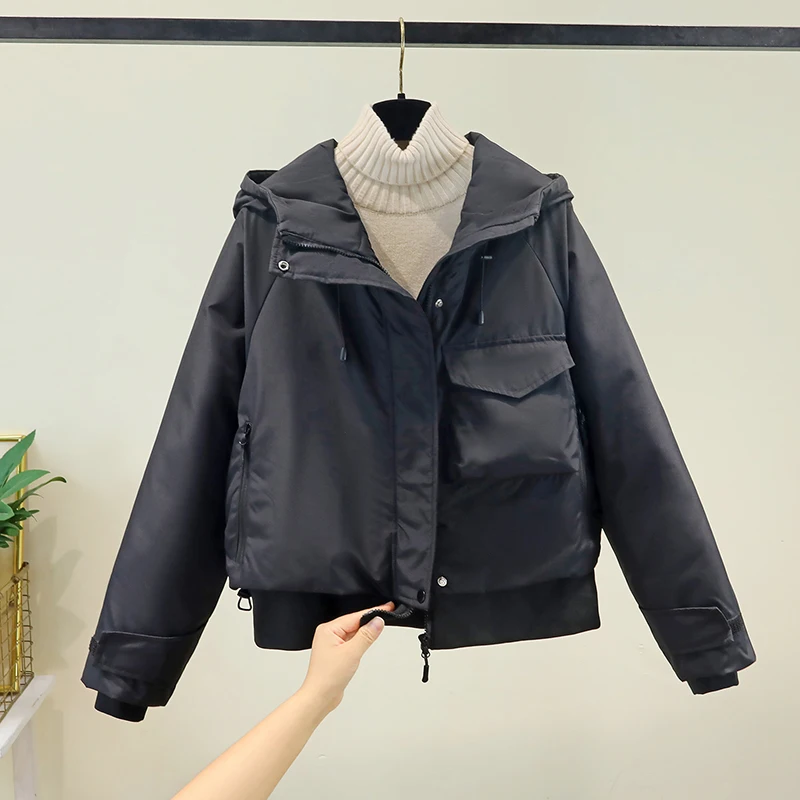 เสื้อโค้ทผู้หญิงแบบใหม่ ปี 2025 ผ้าฝ้ายผสมขนเป็ด ทรงหลวม สไตล์ลำลอง แฟชั่นฤดูหนาว เสื้อคลุมมีฮู้ดสุดเทรนดี้