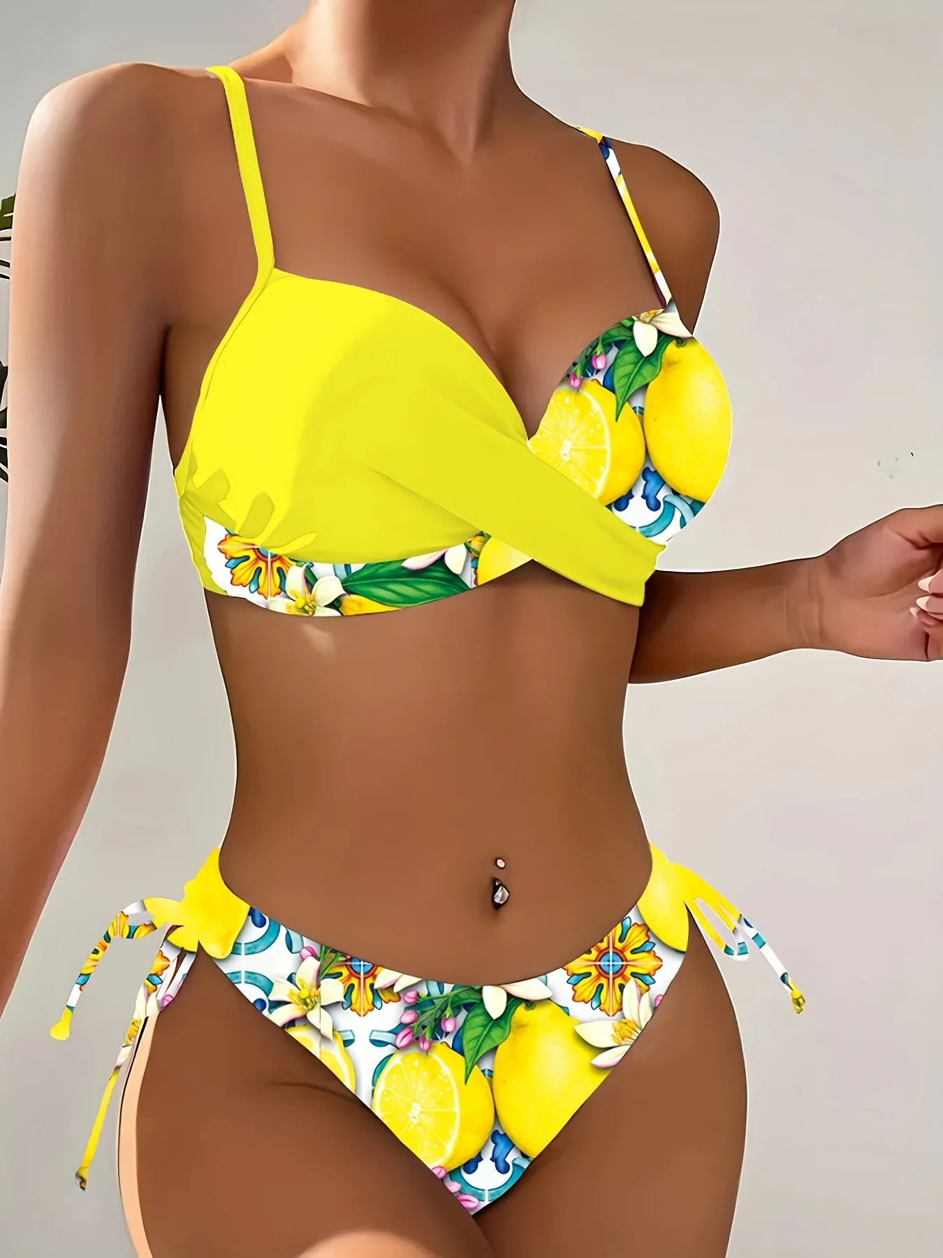 Women V Neck Yellow Lemon Print Bikini Set Women's Sexy Two-Piece Swimwear Summer Citrus Beach Swimsuit Holiday Beachwear Women