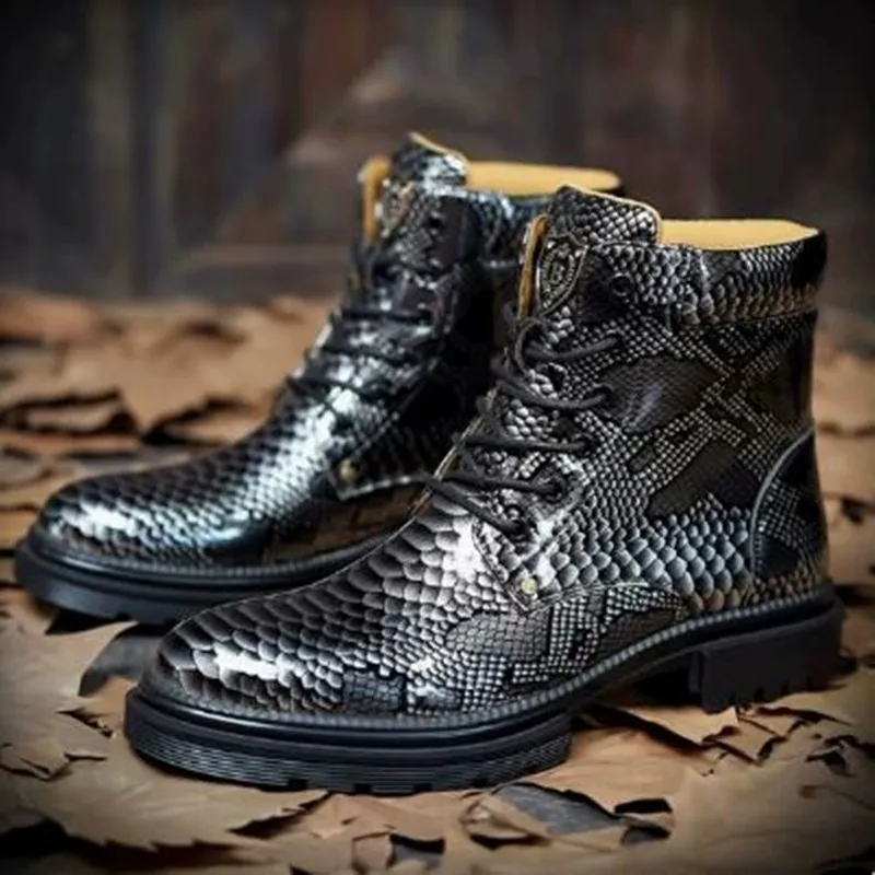 Genuine Leather Men's Boots Retro Snake Pattern Design Men's Chelsea Boots 2026 New Street Trend Shoes for Men Botas Para Hombre
