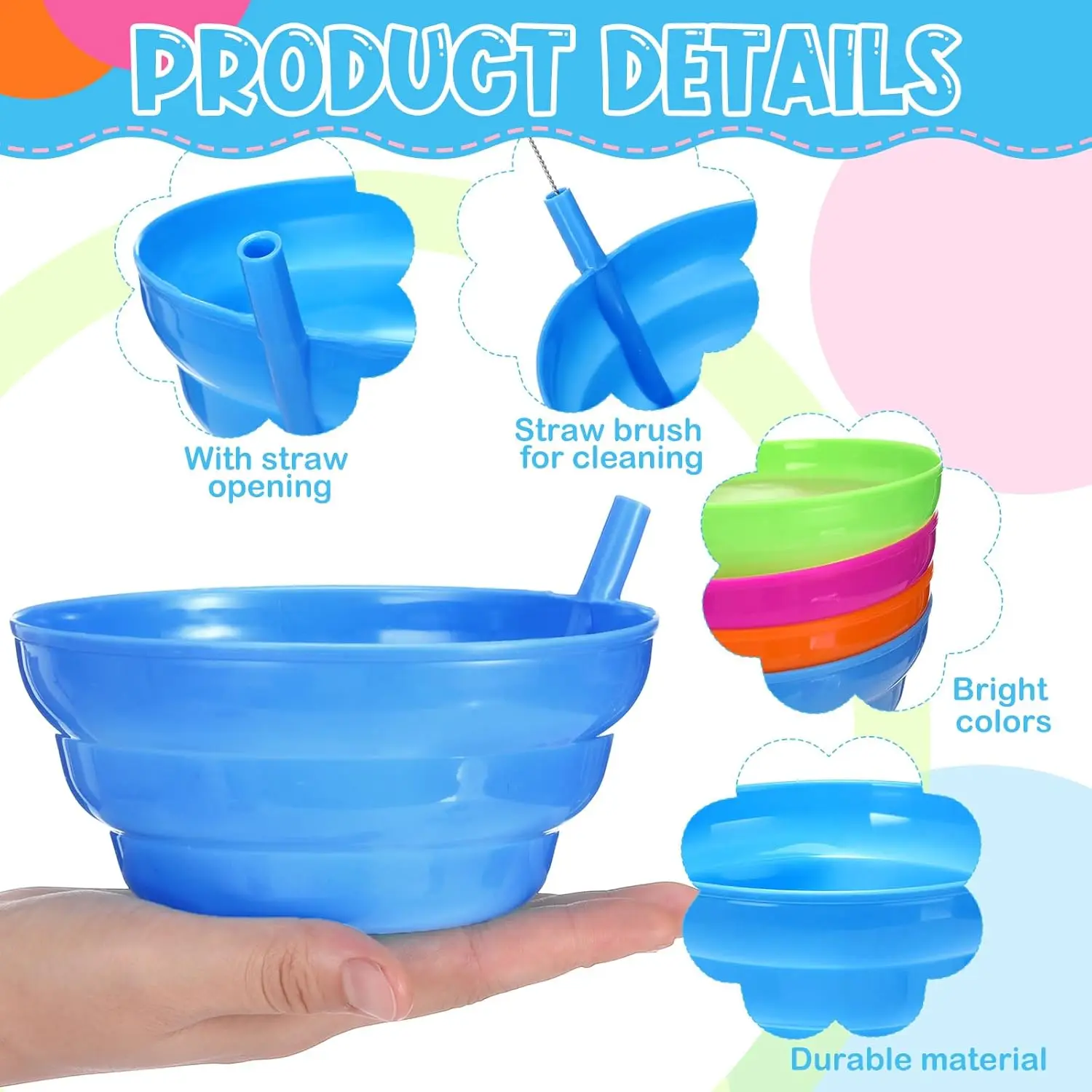 4PCS Cereal Bowls with Straws for Kids  20 Ounce BPA-Free Plastic Reusable Bowls with Built-In Straws for Children