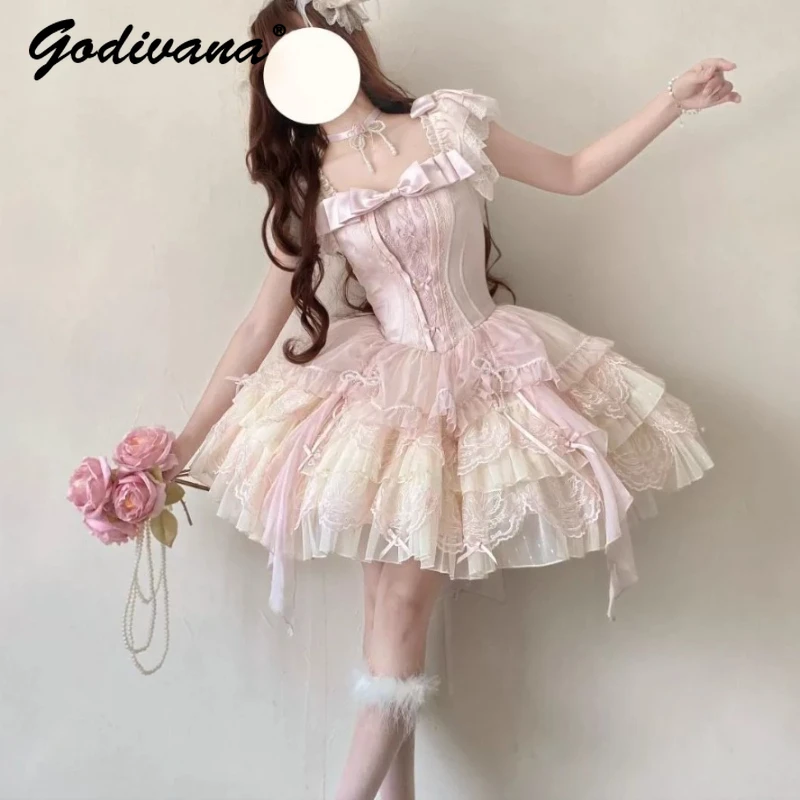 Lolita Ballet Pink Suspender Dress 2025 Summer New Girl Women's Sweet Lace Embroidery Cute Bow Slim Short Jsk Dress