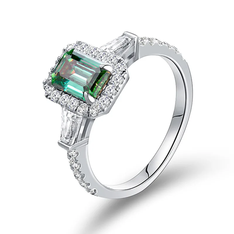 N 5 * 7Mm Emerald Cut Green Moissanite Over Diamond Pen Silver Plated 18k Gold Women's Full Mozzarella Ring