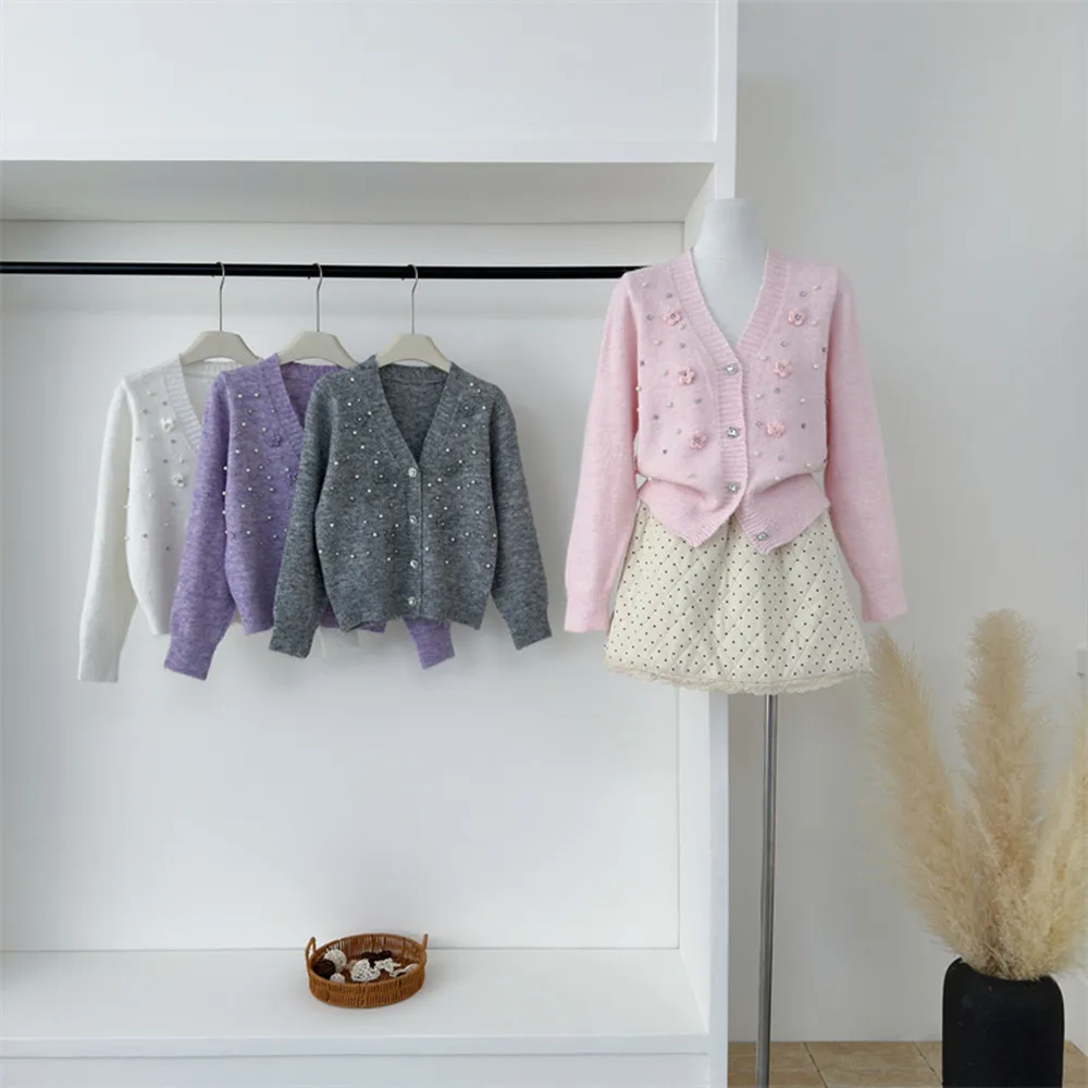 

Winter Clothes Women Stylish Beaded Diamonds 3D Flower Knitted Sweater Elegant Chic O Neck Long Sleeve knit Jacket Tops