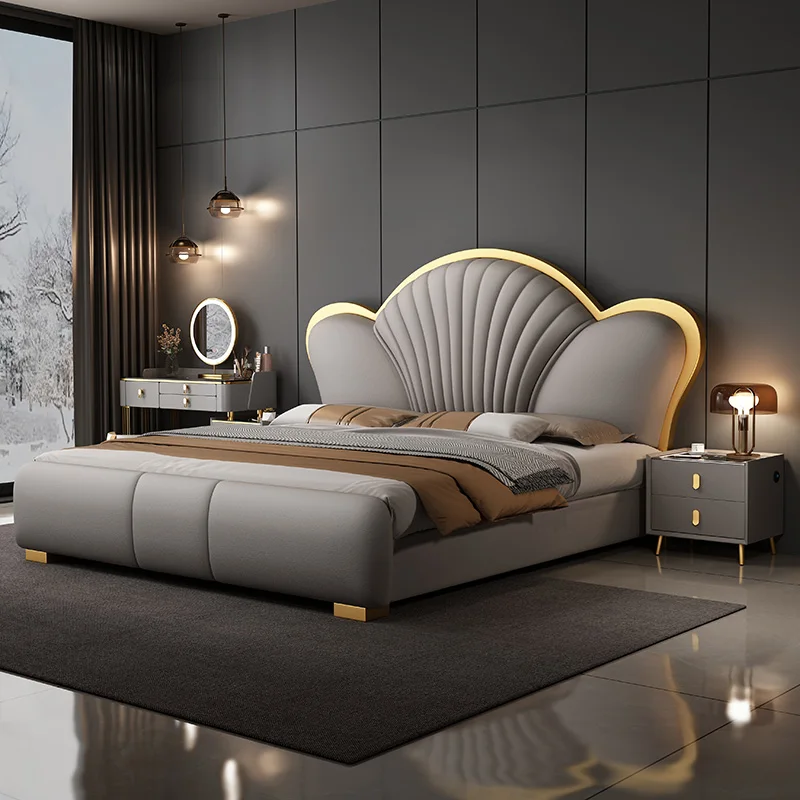 Modern Luxury Wood Bedroom Furniture Soft Up-holstered Beds king Side Double Bed Frame Leather Storage and Mattress Set Design