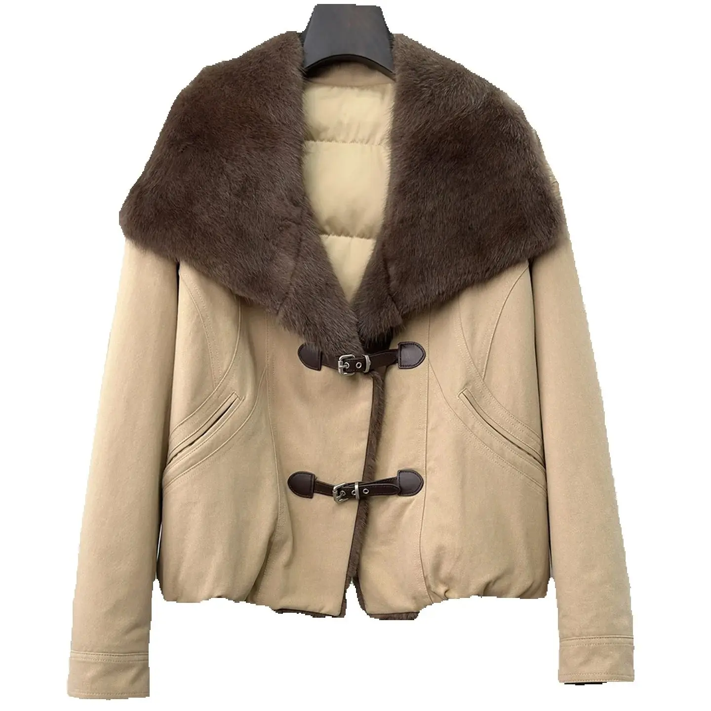 Grüner Wurzel-Nerz-Pelzmantel mit großem Pelzkragen für Damen, 2022, Winter, neuer Petite-Parka, Gänsedaunenjacke, Motorrad, kurzer Stil