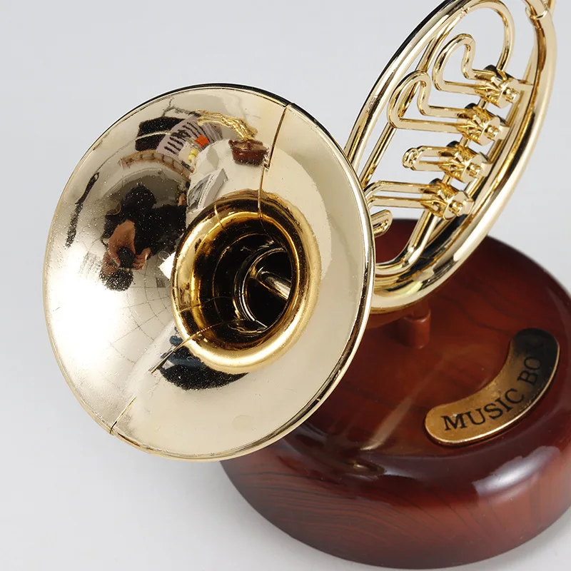 Rotating Music Box Saxophone Mini Musical Box Classical Art Decor Trumpet Horn Music Box Home Crafts Desktop Decor Birthday Gift