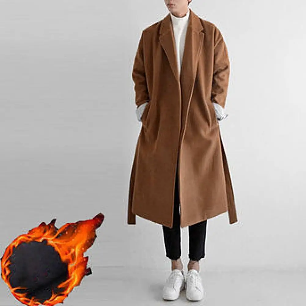 

2026 Мужская ветровка с лацканами и длинными рукавами, карманами, поясом с открытой строчкой, шерстяное пальто, осень-зима, утепленный шерстяной пиджак до середины икры