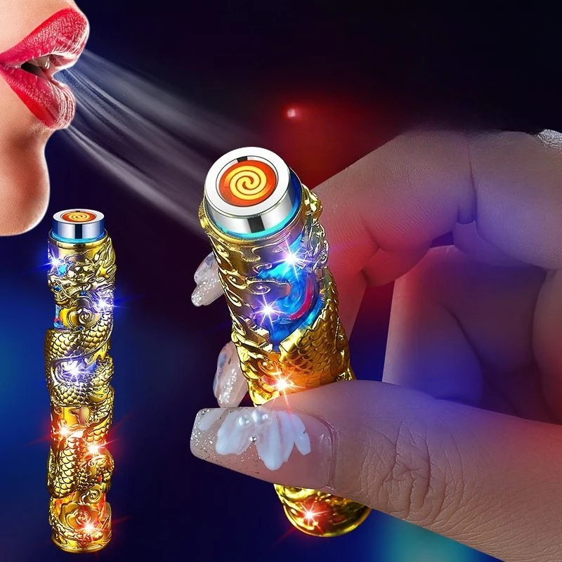Creative Embossed Dragon Lighter Refillable Portable Windproof Gas Lighter with Cool LED Light Ornament Trendy Gift for Men