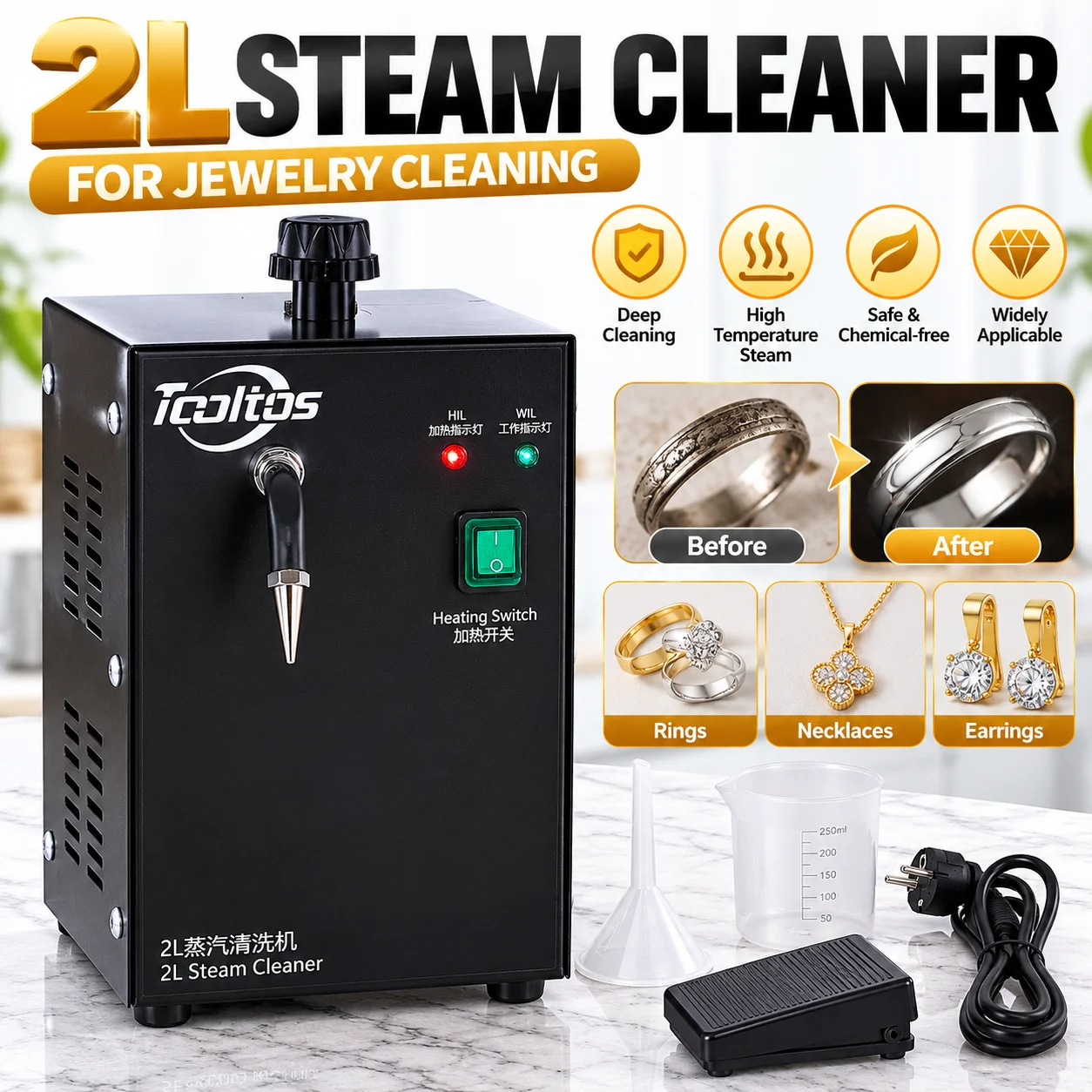 Steam Cleaner Jewelry Machine 2L Jewelry Cleaning Machine for Gold and Silver Ring Necklace Making and Washing Equipment Black Stainless Steel Jewelry Steamer Cleaning Machine
