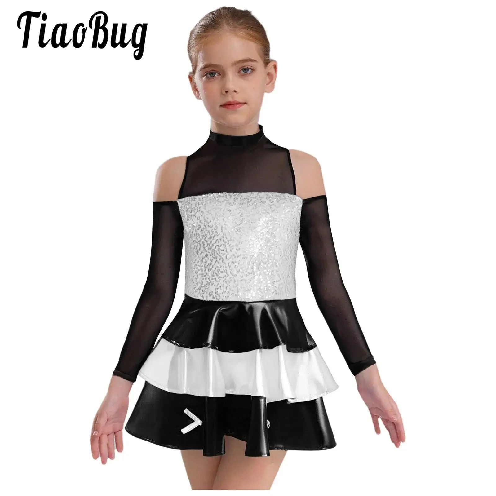 

Kids Girls Jazz Dance Performance Costume Cheer Cheerleader Dress Cold Shoulder Long Sleeve Shiny Sequin Ruffled Dress Dancewear