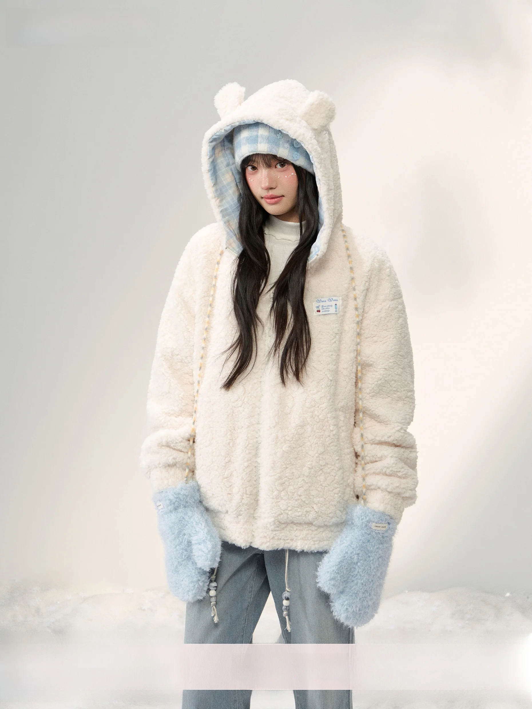 

Утепленная зимняя куртка Umoumo Cute Fre Plu с капюшоном и ушками медведя, двусторонняя, с хлопковым внешним слоем и полиэстеровой внутренней подкладкой, на молнии с кружевной отделкой