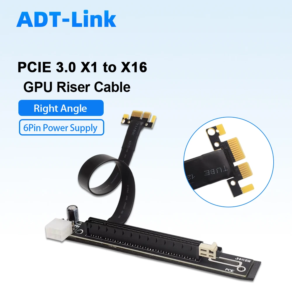 Carte Riser PCIE 3.0 X1 vers X16 à angle droit, câble d'extension GPU 8 Gbps, alimentation 6 broches, non USB, adaptateur stable multi-GPU pour minage et rendu