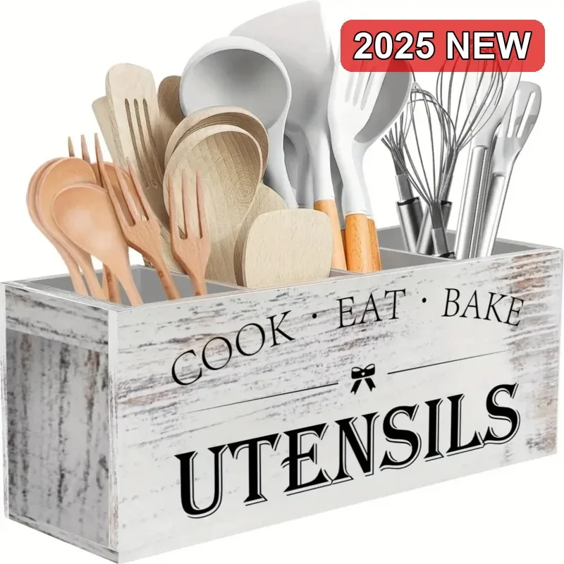 

Extra Large Wooden Kitchen Utensil Holder - 4 Compartment Rustic Farmhouse Decor Countertop Organizer, Lightweight Varnished Woo