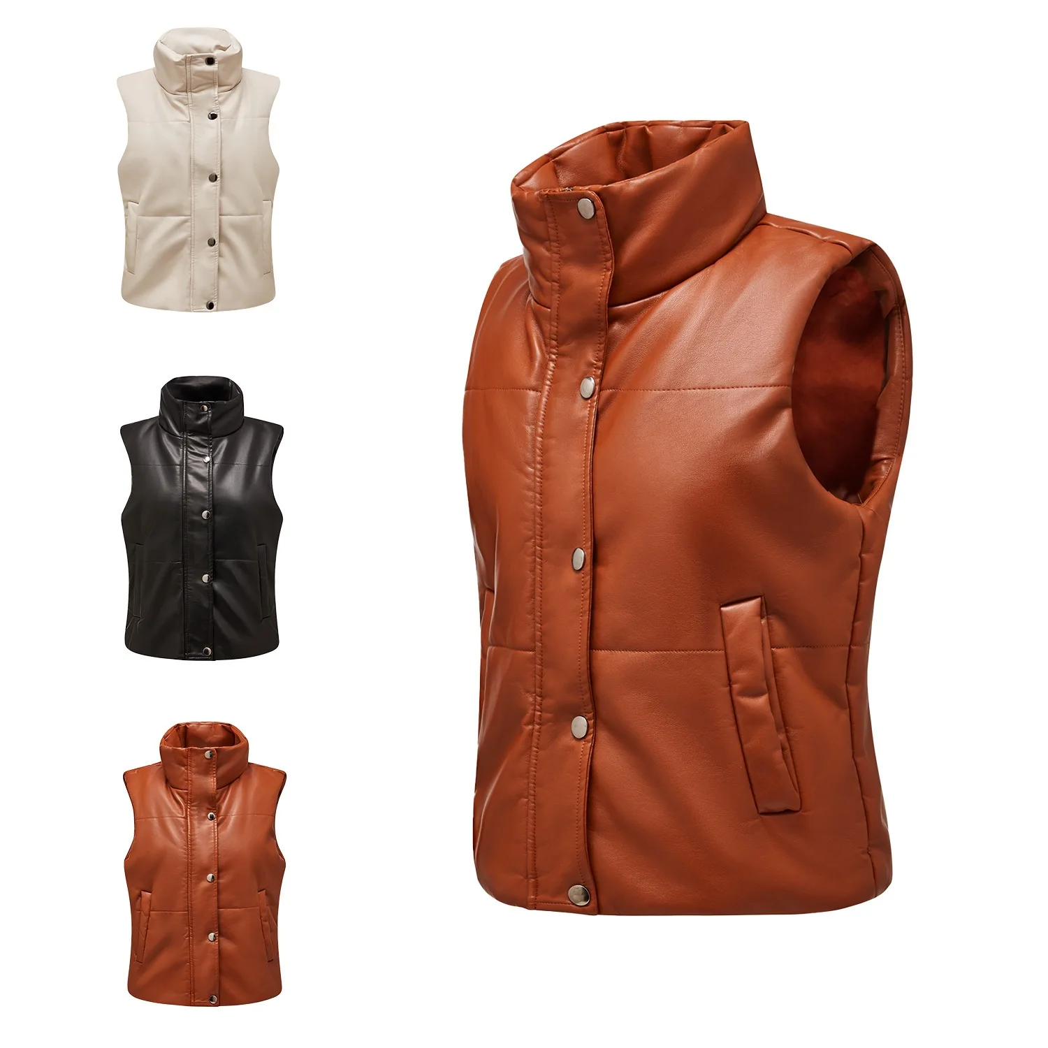 

Autumn And Winter Women's Leather Vest Sleeveless Padded Cotton Zipper Cotton Clothes Fashion Stand-up Jacket