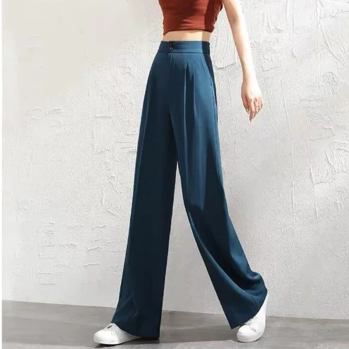 Pantaloni a gamba larga a vita alta da donna Drappeggi per pendolari Ufficio Versatile Casual Slim Pantaloni a figura intera Pantaloni lunghi sottili primavera estate