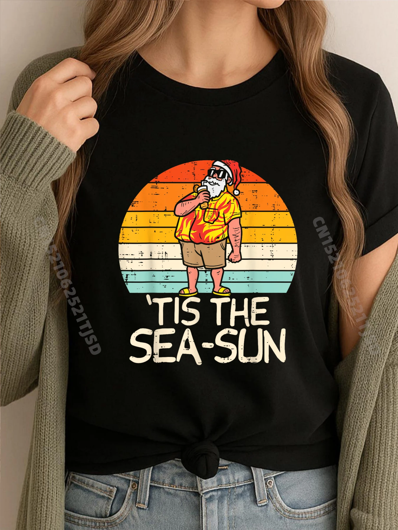 

Tis The Sea Sun Santa Sunset Retro Christmas In July Summer Men's T-Shirts Vintage T Shirts Casual