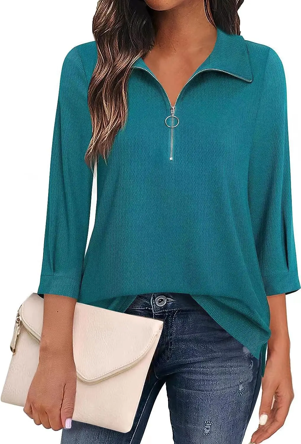 New Women's Seven Quarter Sleeve Solid Color Top Shirt POLO Women's Clothing