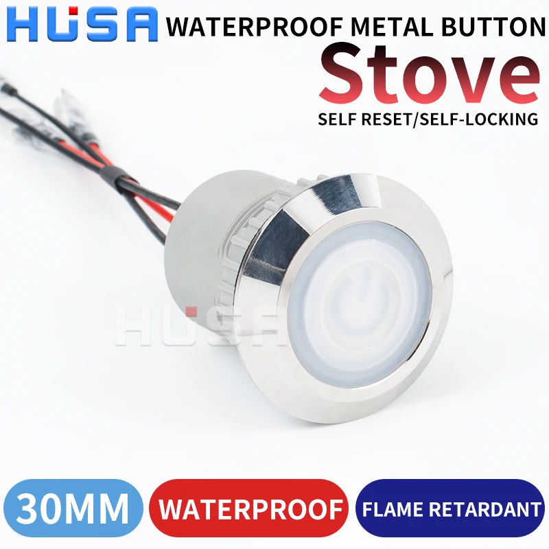 30mm Waterproof IP67 Dust And Oil Proof Metal Push Button Switch With Wire 3A Reset Locking For Stove Fan 12-24V 220V LED LIGHT