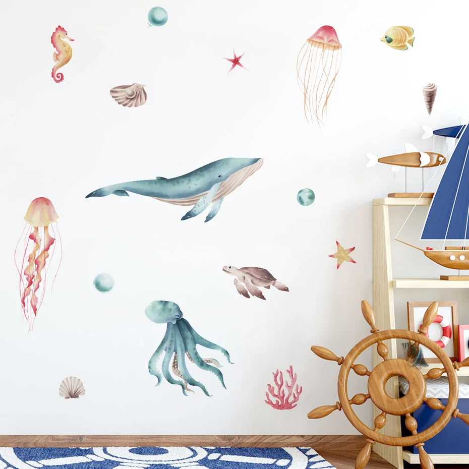 

Cartoon Marine life Whale Octopus Jellyfish Family Wall Stickers for Baby Nursery Room Decoration Wall Decals for Kids Play Room